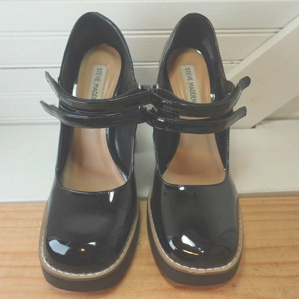 Steve Madden Twice Black Patent Platform Mary-Jane Shoes Women's Size 7M Heels